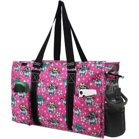 Ngil Handbags - Western Disco Queen Utility Tote Bag Pink Multi-Pockets Black Straps Travel/Work